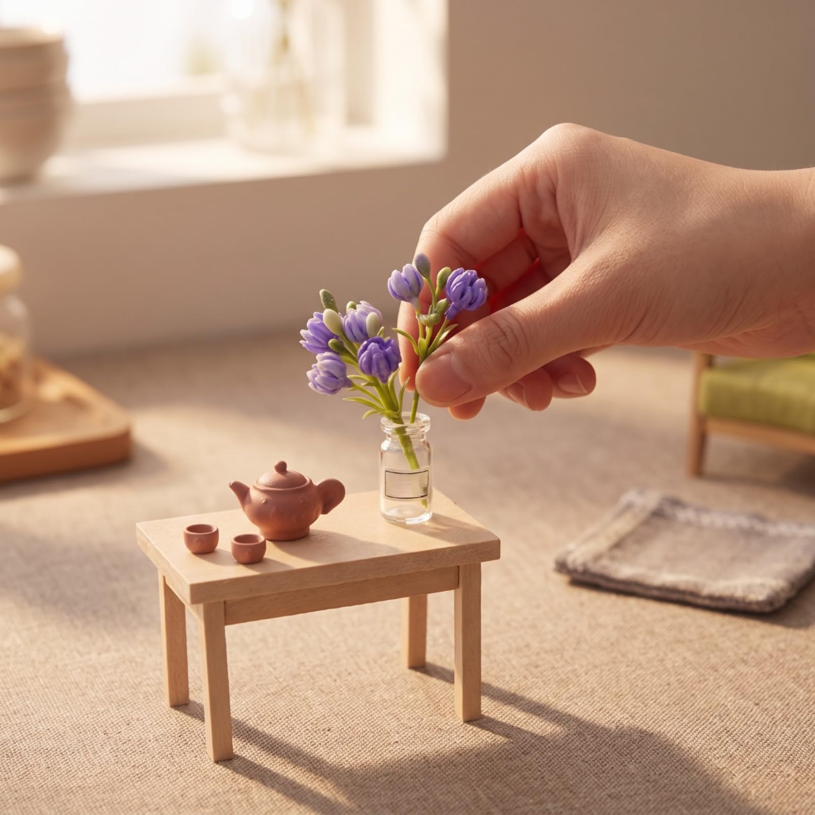 rockible 6 Pezzi Mobili per Casa Delle Bambole | Imbottito, Salotto in Miniatura con Accessori, Realistico, Poltrona in Miniatura con Tavolo, per Diorama, Collezionisti