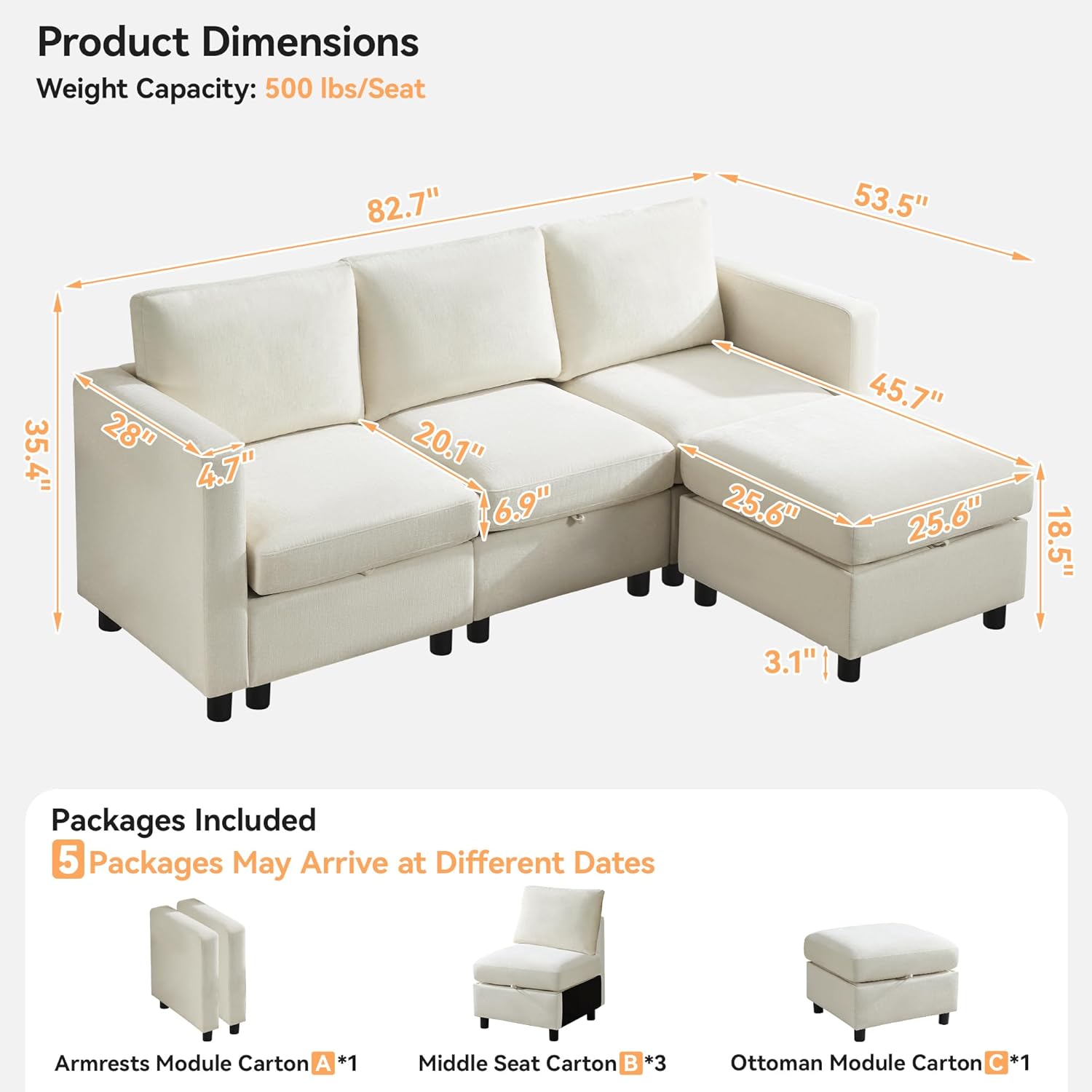 WUTUTUEE 83”L-Shaped Modular Sectional Sofa with Storage & Movable Ottoman, Convertible 4-Seat Reversible Chaise Chenille Couch for Living Room, Soft Beige Fabric, Modern Design