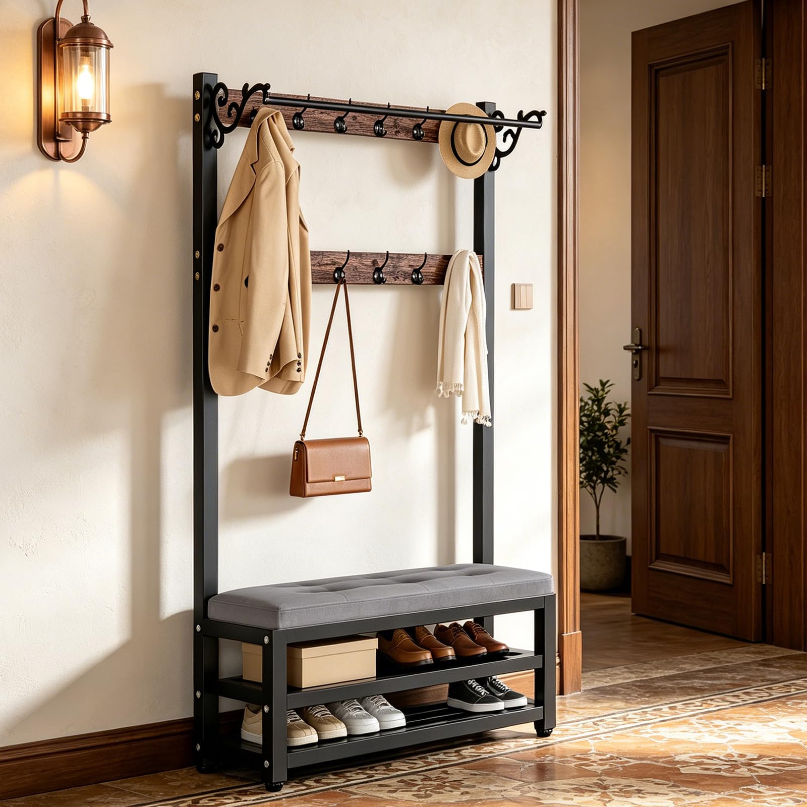 WPPTNSFY Hall Tree with Removable Hooks and 2-Tier Shoe Stand, Industrial Coat Rack Stand with Bench, Free Standing Coat Tree, Entryway Storage Shelf, for Living Room,Hallway