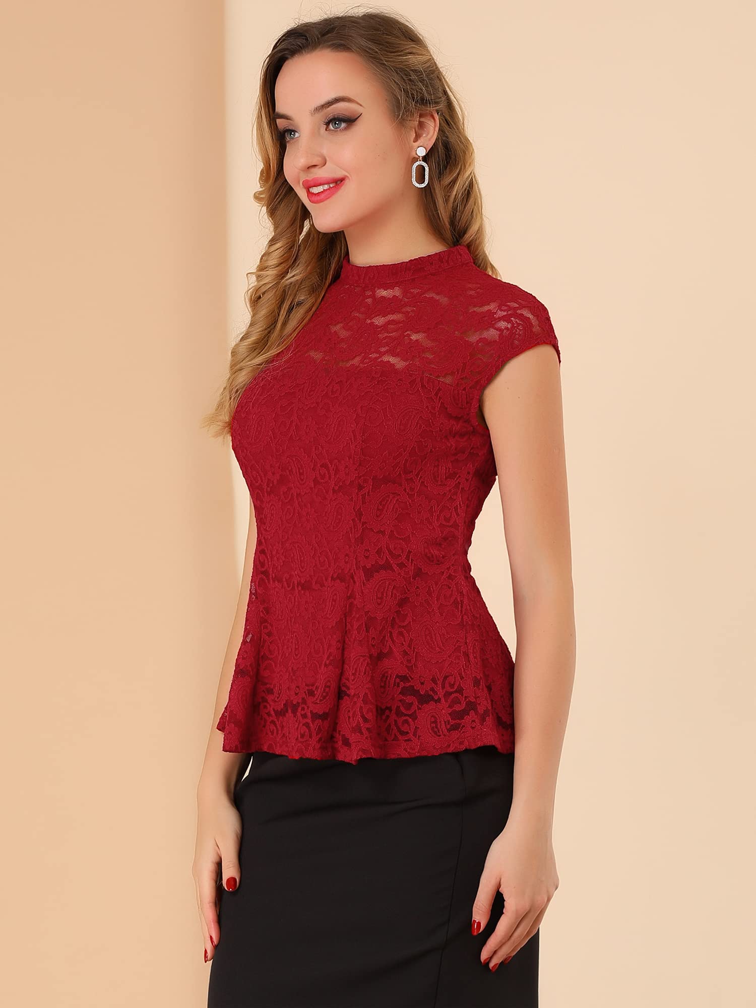 Allegra K Blusa de encaje con cuello alto y manga casquillo para mujer con diseño floral de ganchillo