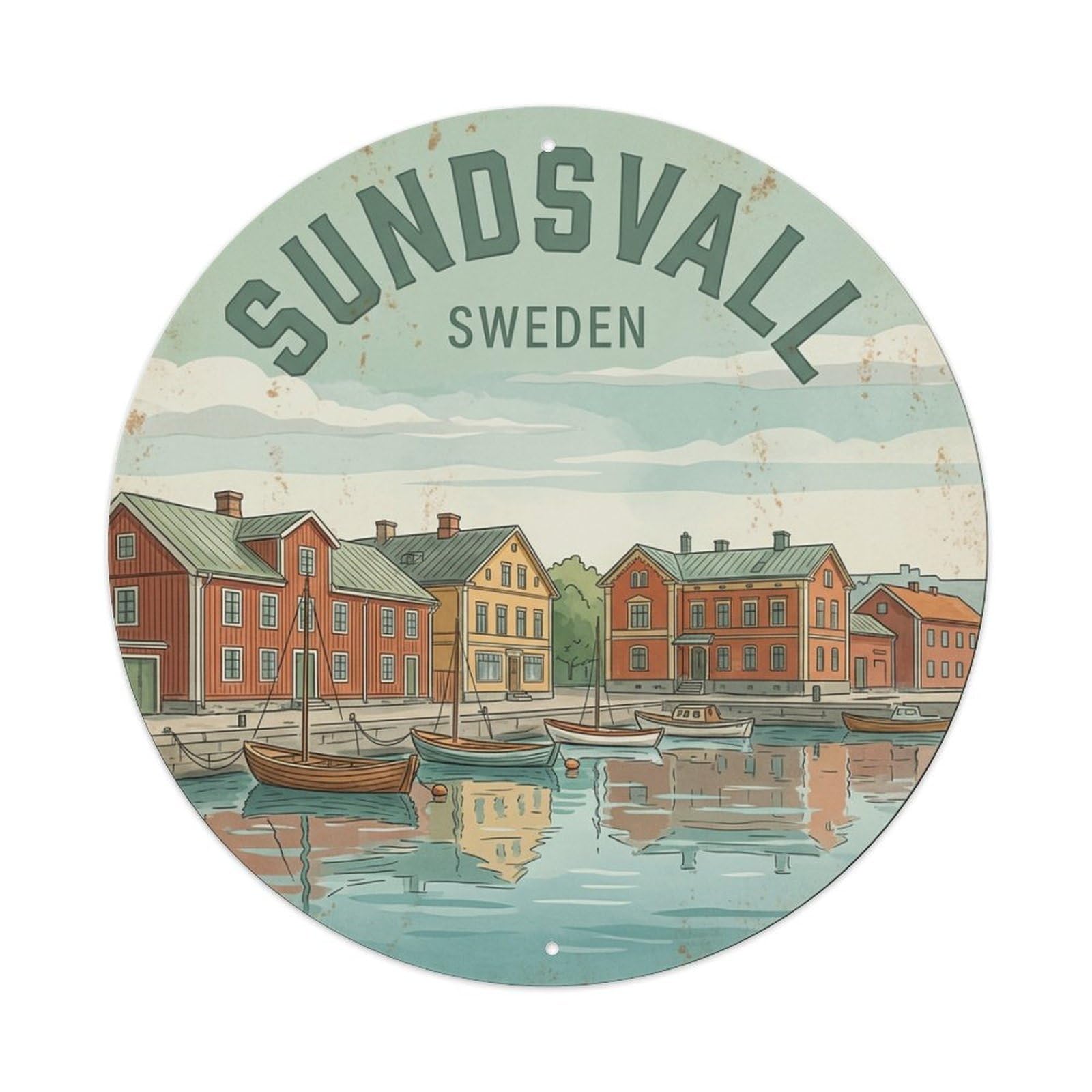 Vintage Travel Sundsvall Sweden Harbor Metal Tin Sign