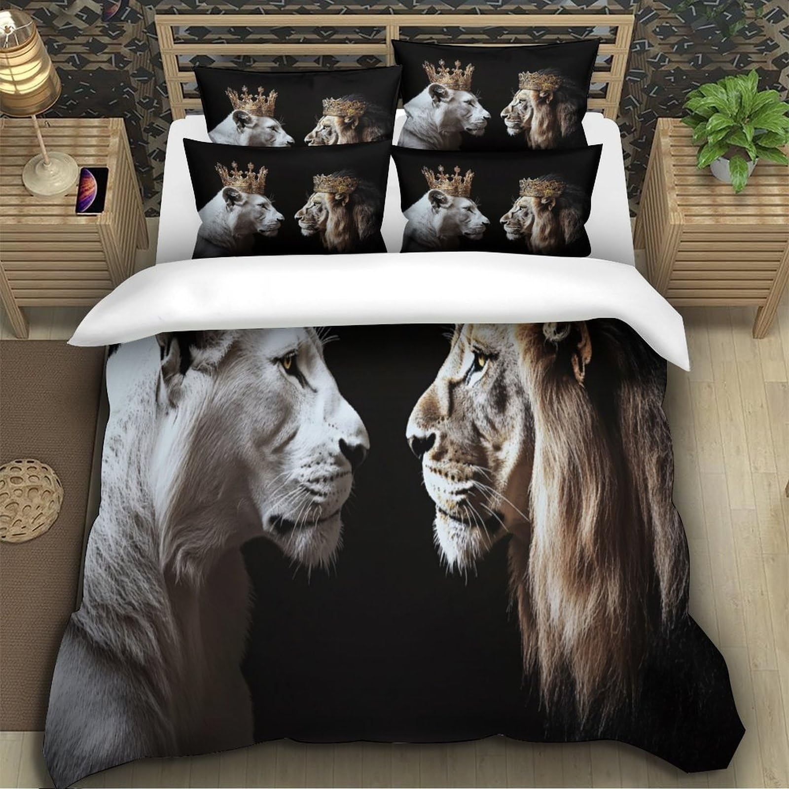 3D Bedruckte Königslöwen-Pärchen Bettbezug Mikrofaser Schlafzimmer Deko Löwen Bettwäsche Set Hautfreundlich Atmungsaktiv für Erwachsene Jugendliche Super King（260x220cm）