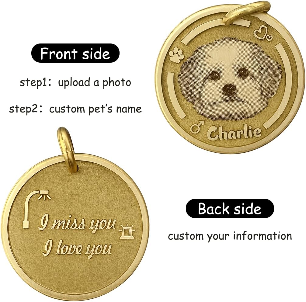 Custom Photo Engraved Solid Brass Pet ID Tag – Double-Sided 3D Relief Pet & Human Portrait Keepsake – Upload Your Image + Text, Personalized Dog/Cat Tag, Keychain, Memorial Gift image 2