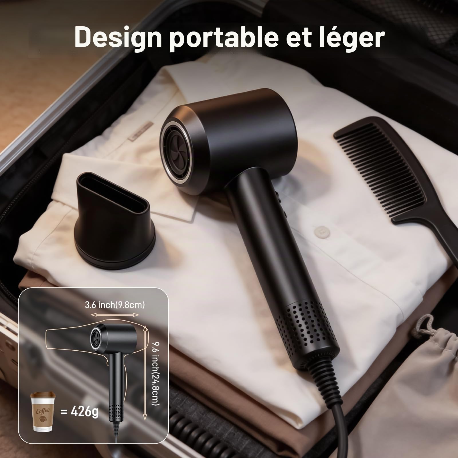 Sèche-cheveux Ionique Haute Vitesse – 180 000 tr/min, Seche Cheveux Professionnel 500 Millions d'ions Négatifs, 4 Température 3 Vitesse, Écran LED + Régulation NTC, Diffuseur et Buse inclus