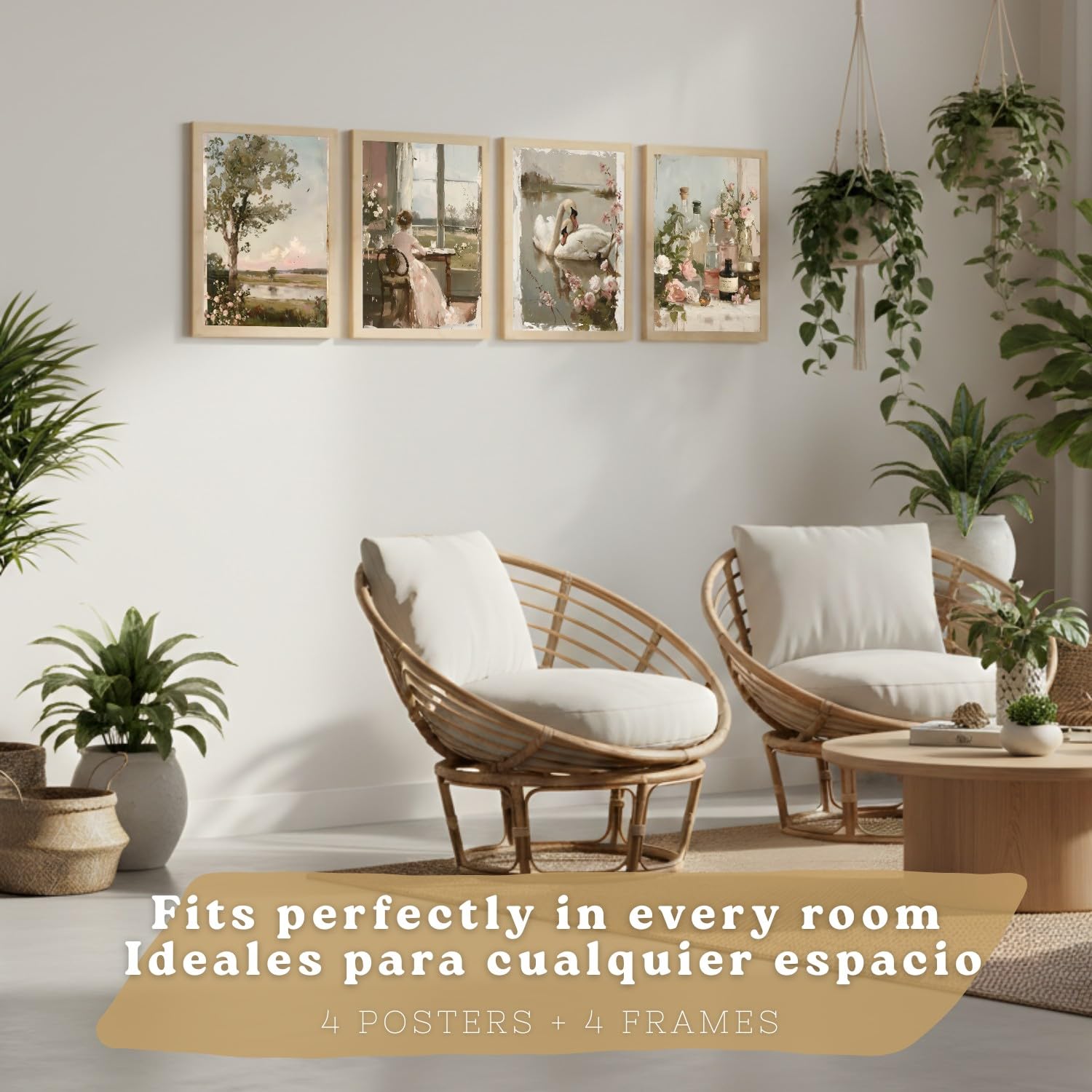 Nacnic Set De 4 Laminas Decorativas Pared Pintura Oleo Rosas Salon Modernos Posters, Cuadros Decorativos Impresionistas. Matisse Decoración Dormitorios Sala De Estar A4 Marco Madera Clara