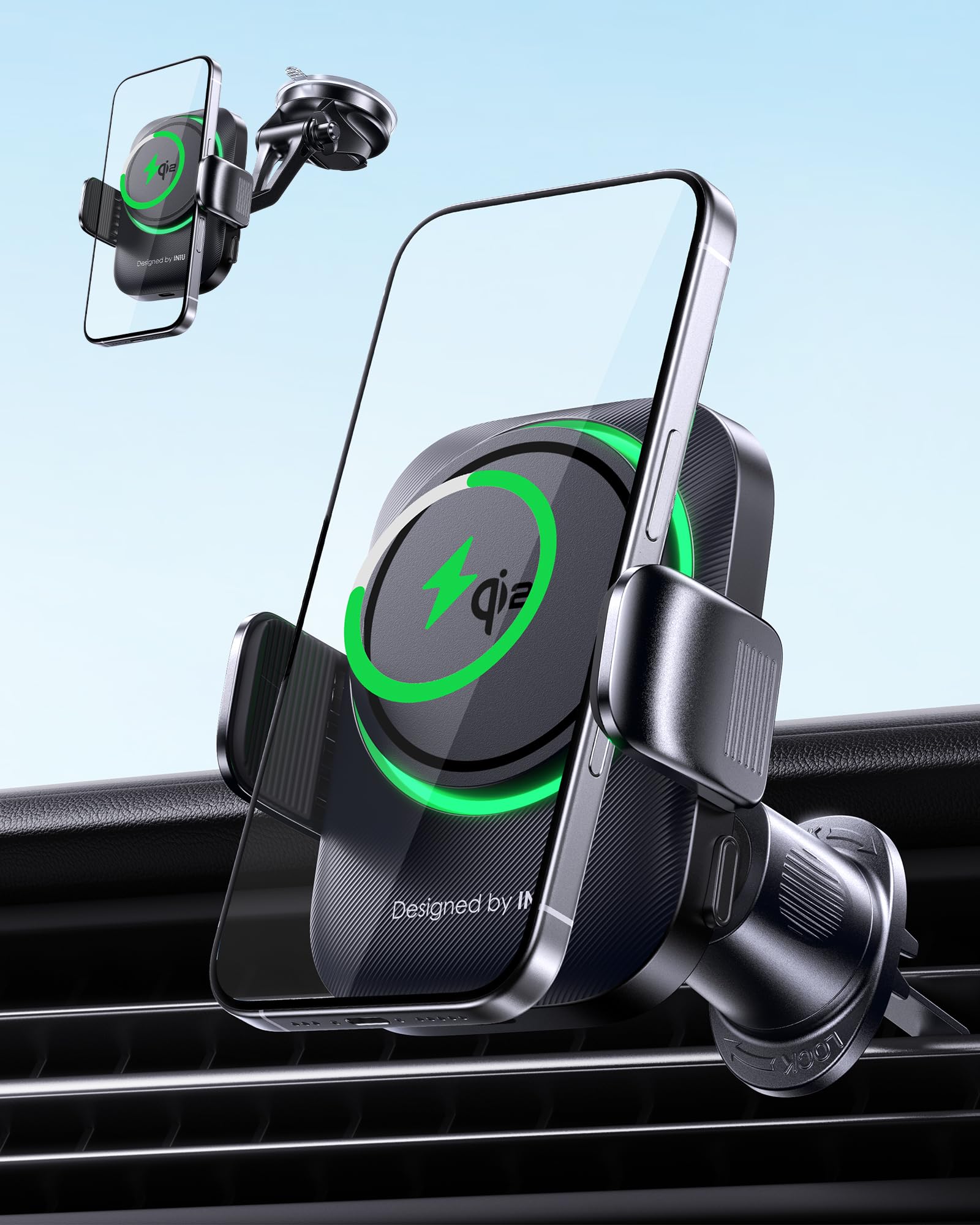 INIU Car Phone Holder for Magsafe, Qi2 Certified Wireless Car Charger for Cell Phone Mount Dash【360°】 Phone Mount Auto Clamping Car Accessories C