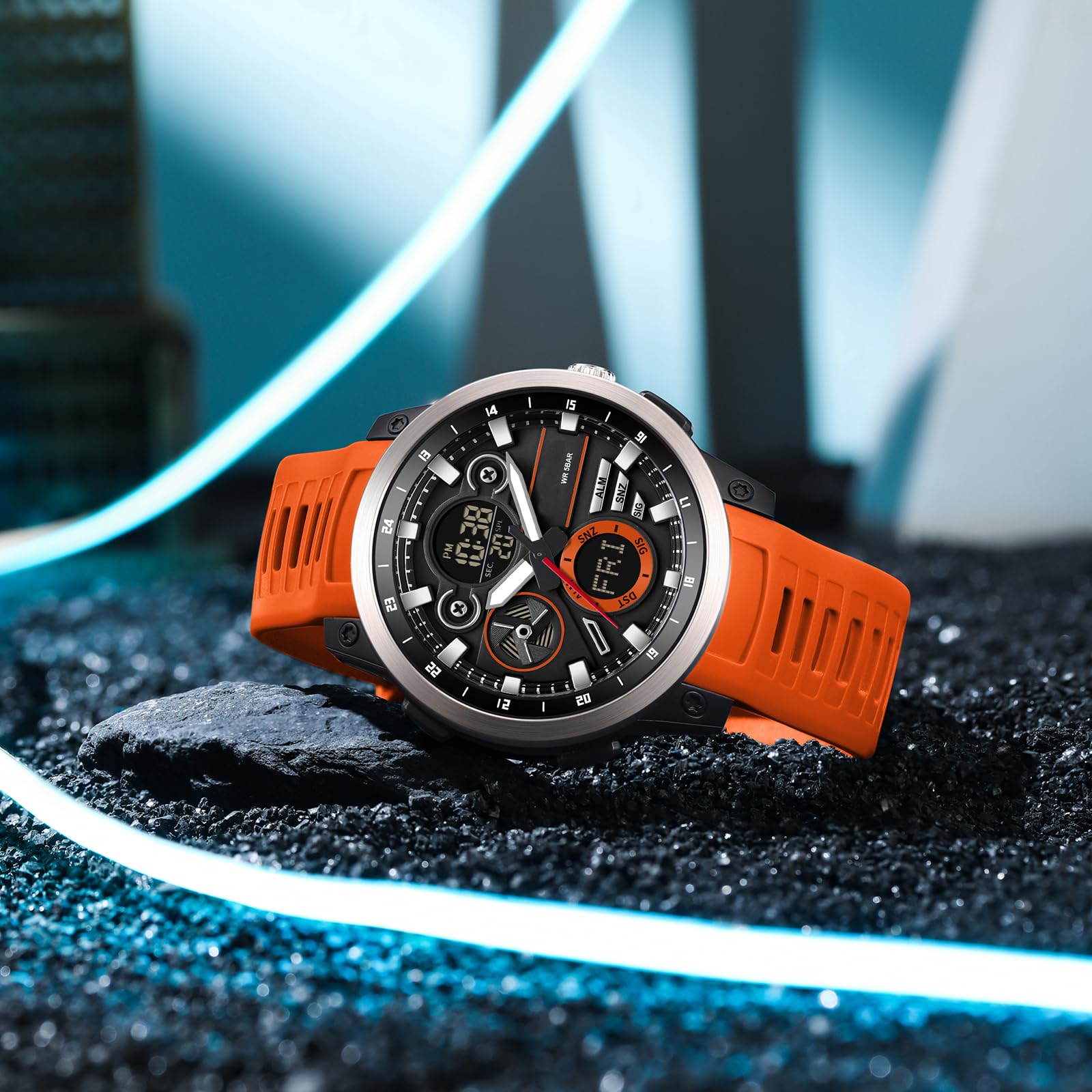 findtime Reloj digital para hombre, resistente al agua, con hora mundial, temporizador de doble hora, alarma, cronómetro, analógico, digital, para exteriores para niños y adolescentes