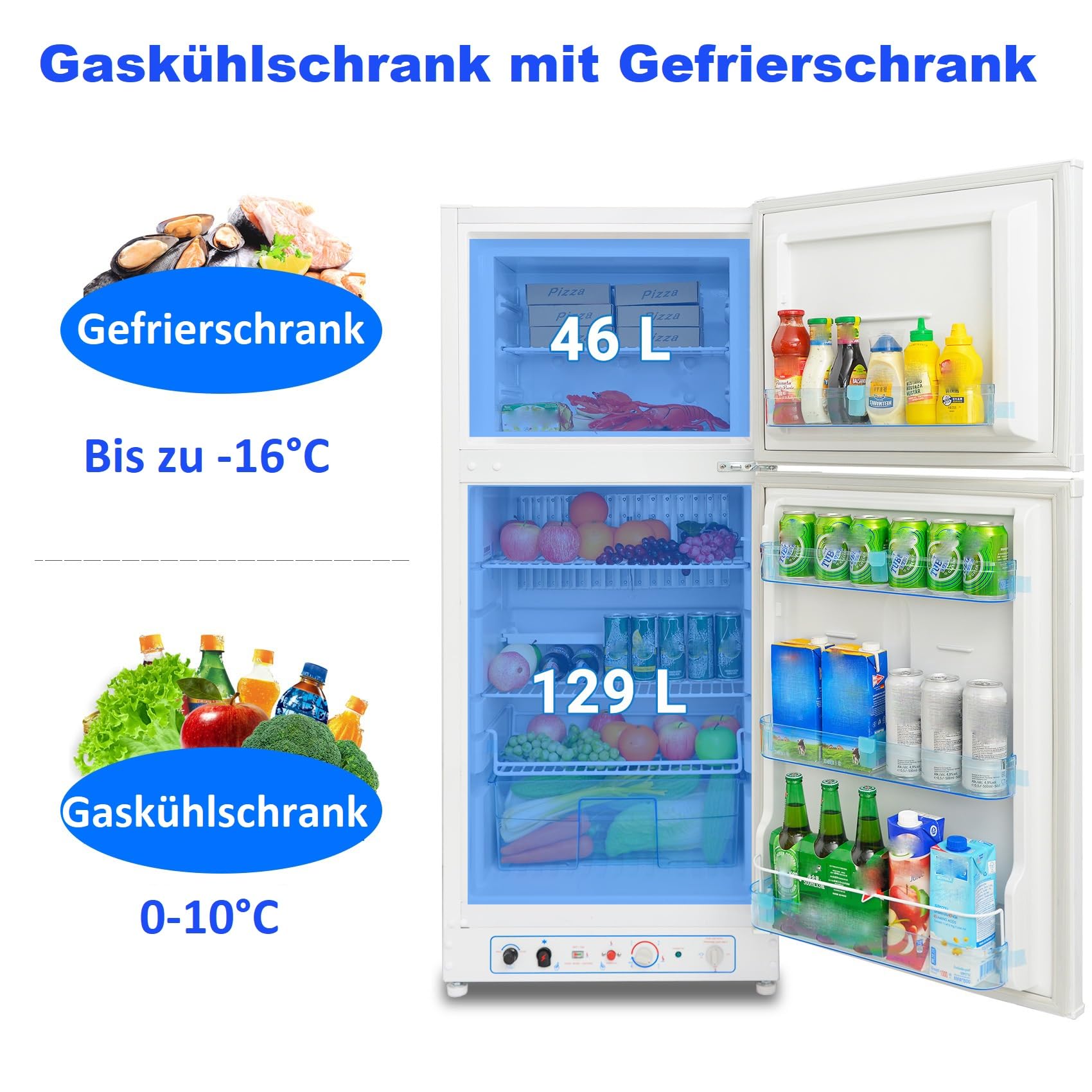 Gas Kühlschrank mit Gefrierfach, 185L, Kühl-Gefrier-Kombinationen, Gas/230V, Kühlschrank Groß für Küche, Outdoor, Wohnmobil, Reisen, Weiß