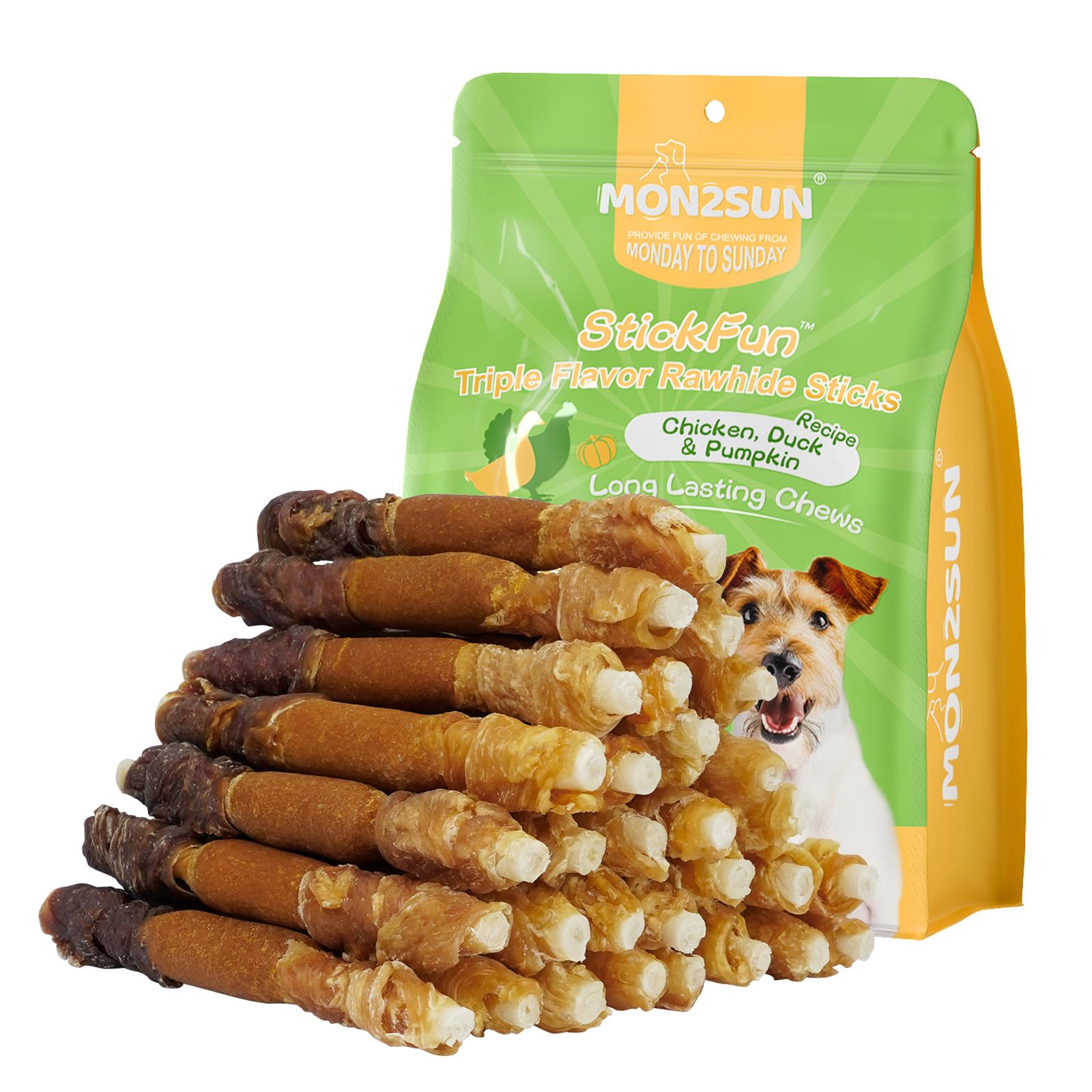 MON2SUN Dog Treats, 5 Inch Triple-Wrap Rawhide Sticks with Pumpkin, 21.16oz