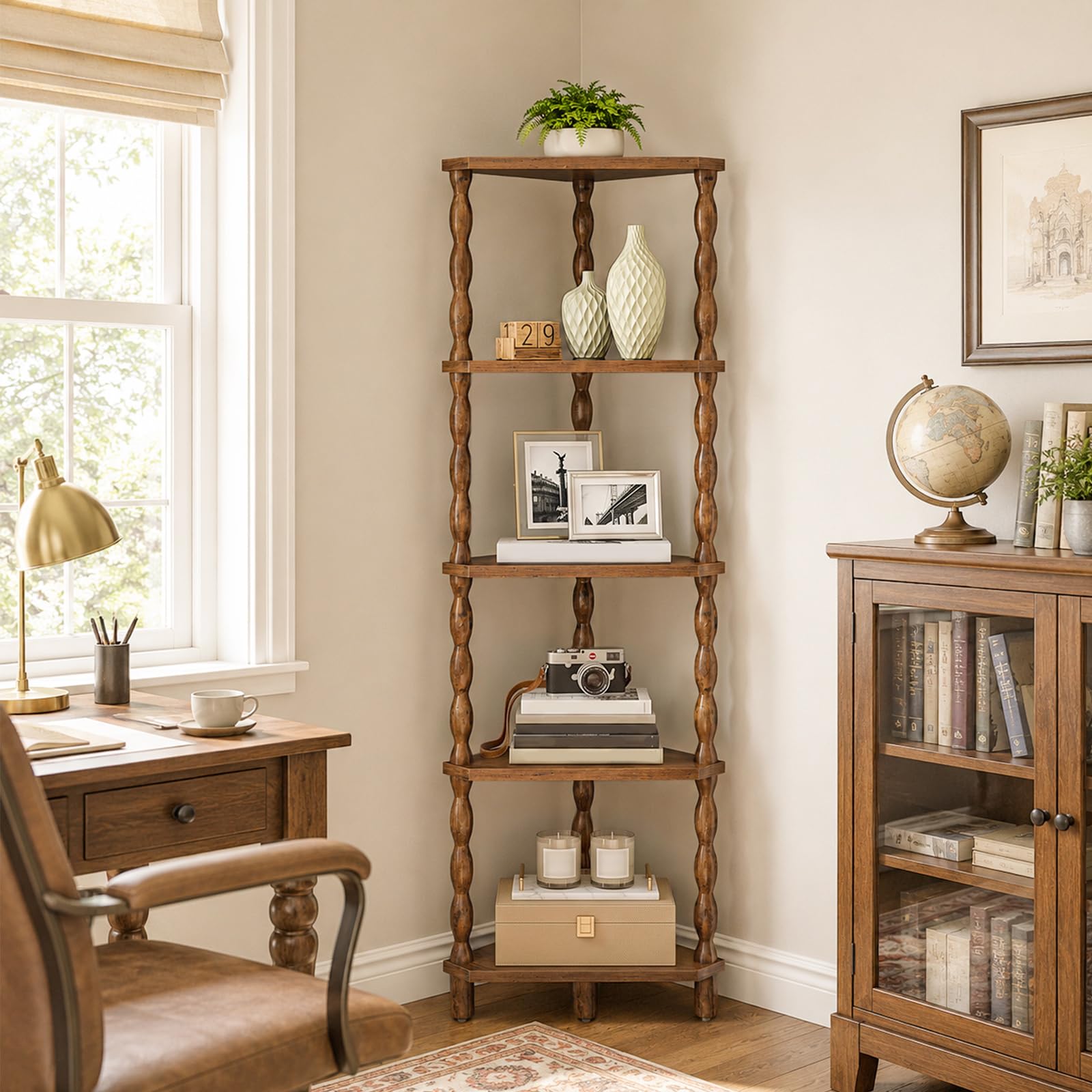 HOOBRO 5-stöckiges Regal, Bücherregal, Eckregal, Standregal, Lagerregal | Eckregal mit Bauchigen Beinen, 135 cm hoch, für Schlafzimmer, Wohnzimmer, Büro und Kleine Räume, Vintagebraun EFG195CJ01