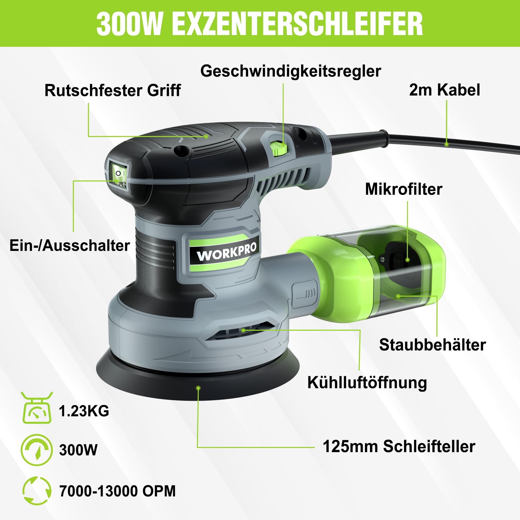 WORKPRO Exzenterschleifer 125mm, 300W Schleifmaschine 7000-13000 OPM, Multischleifer mit Absaugung und Staubbehälter, Schleifgerät inkl. 20 Stück Schleifpapier