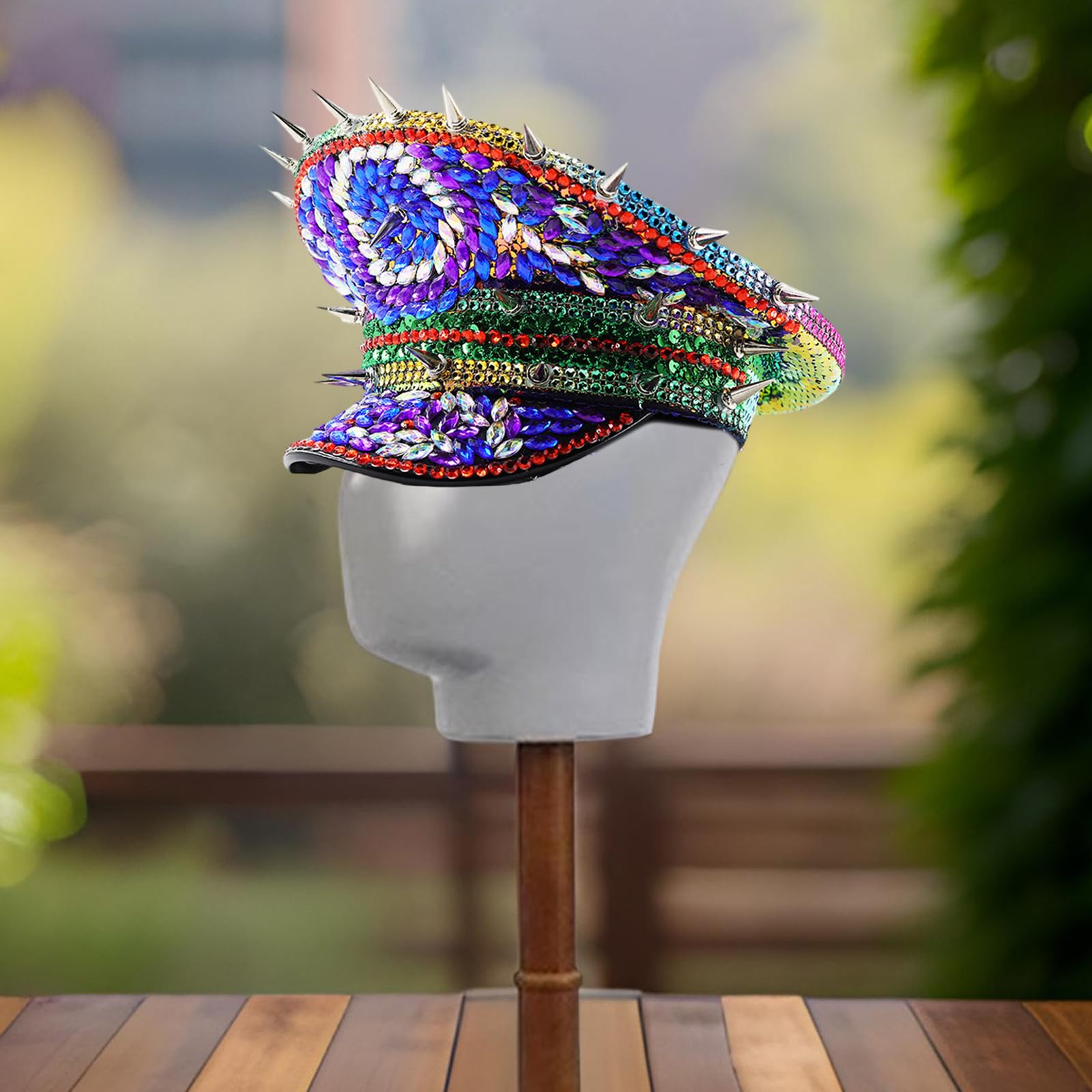 Cappello marino per festa di ballo paillettes Capitano Caps Festival Musica Donne Costumi Caps Strass Rivetto Borchiato Cappello Capitano, Come descritto