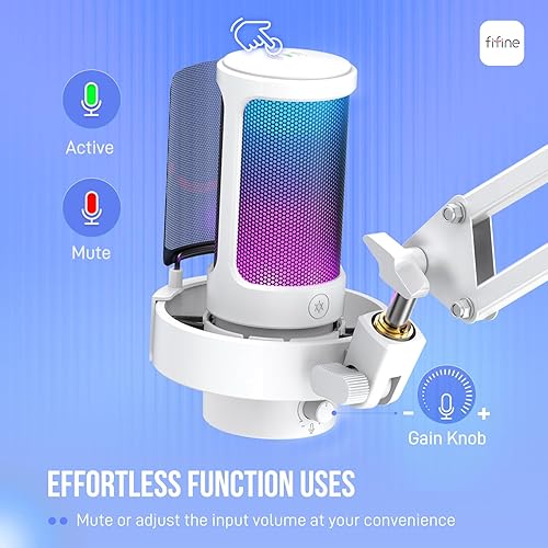 Miniatura 2 de FIFINE Kit de micrófono USB para PC para juegos, micrófono condensador RGB con brazo de metal, silencio, perilla de ganancia, monitoreo de