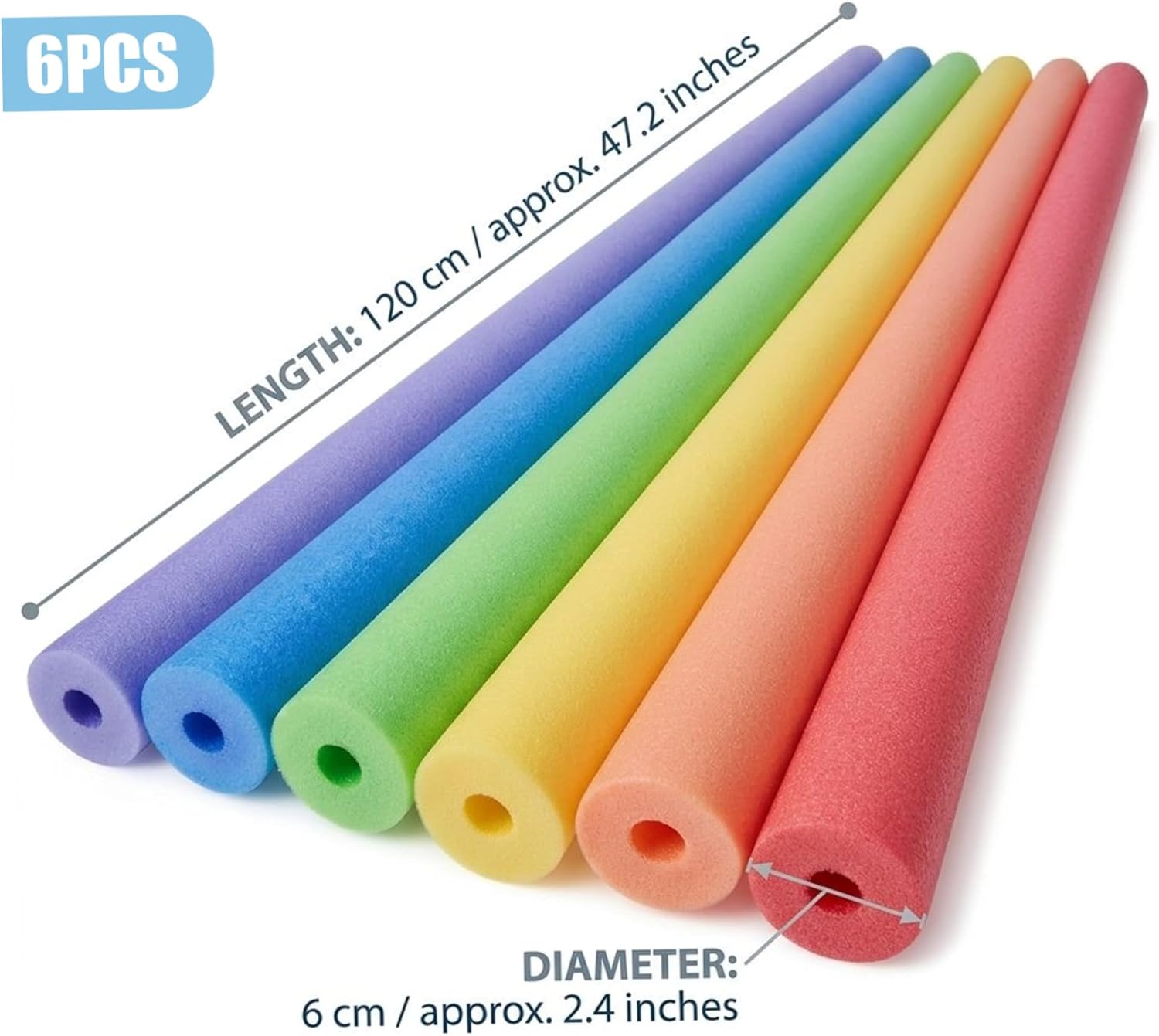 Colorful Pool Noodles 47.2" Long Foam Noodles for Swimming Pool & Water Play 6-Pack Bright EPE Foam Floats for Kids Adults Family Fun and Water Games Noodle ..
