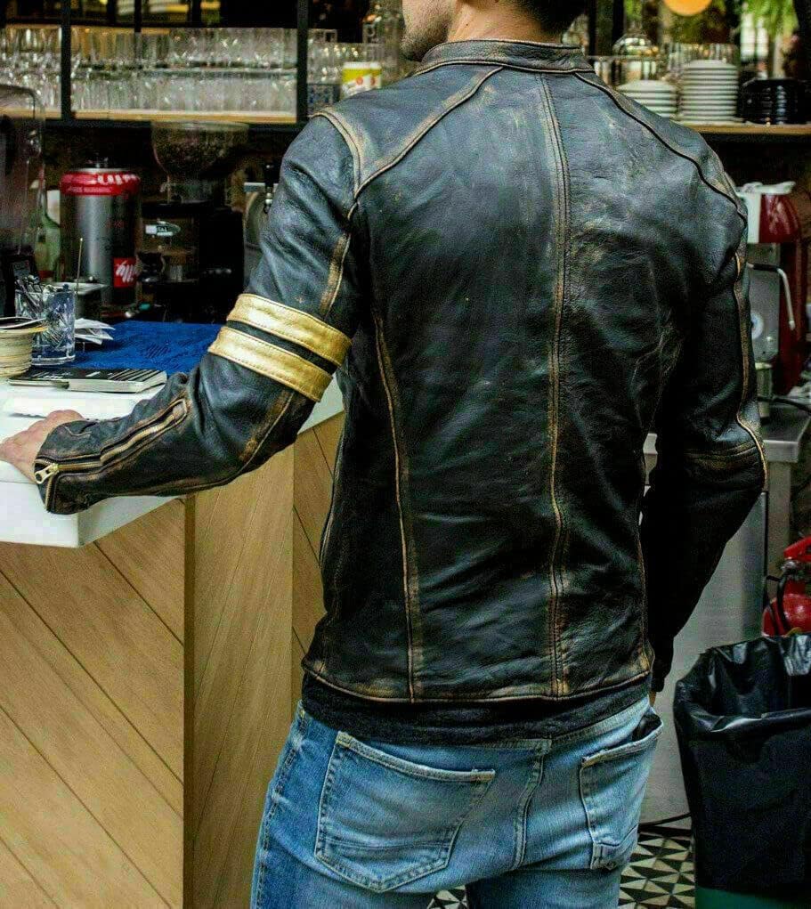 Men's Vintage Cafe Racer Golden Stripes Distressed Brown Leather Jacket|Motorcycle Vintage lightweight Leather Jacket For Men (as1, alpha, x_s, regular, regular)