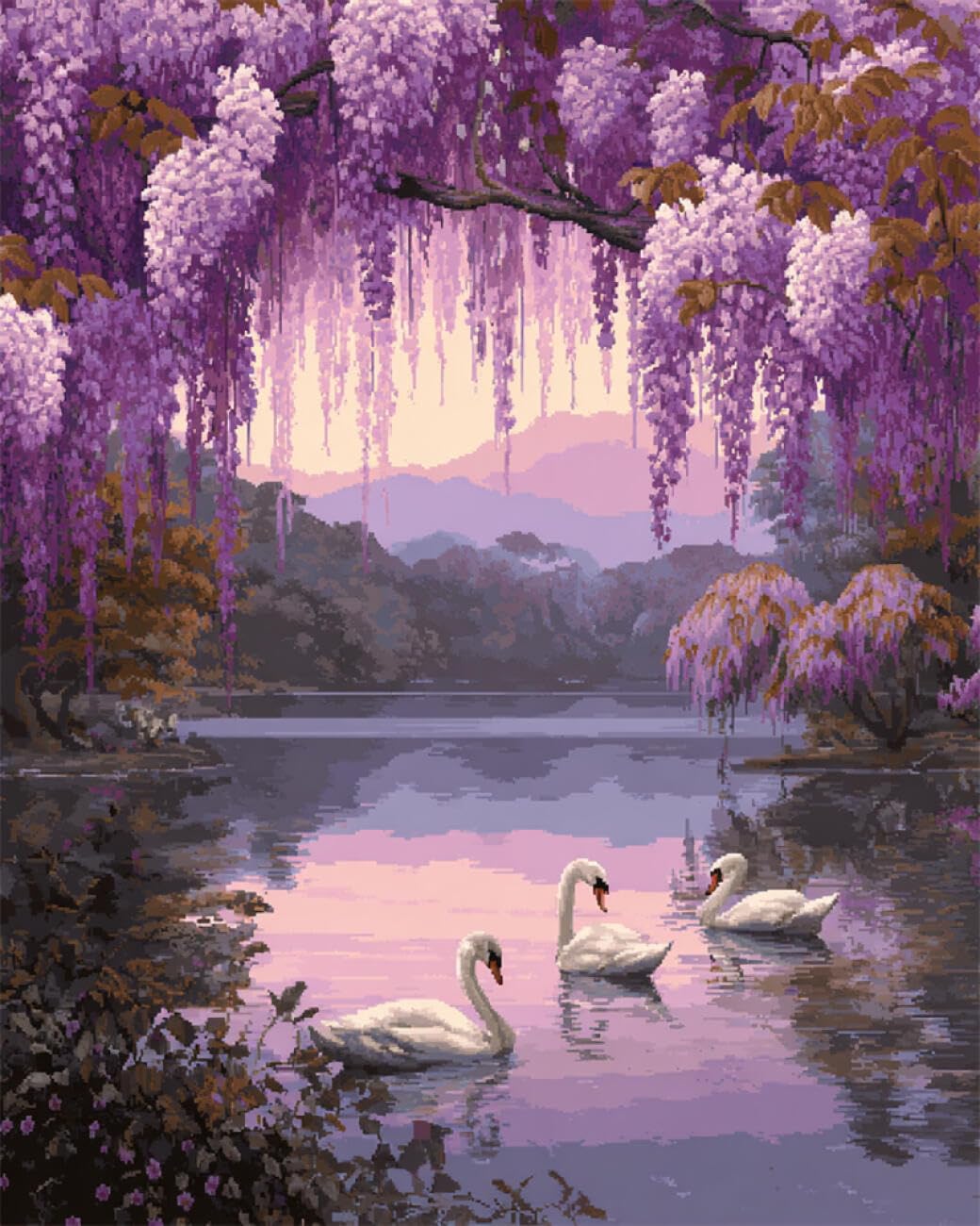 AYAOYANGGO Animal DIY Cross Stitch Kit with Beads Flowering Trees and Swans Beadwork Craft Kit for Beginners,Needlework Set,Preprint Pattern Decor Wall Art 60x80cm