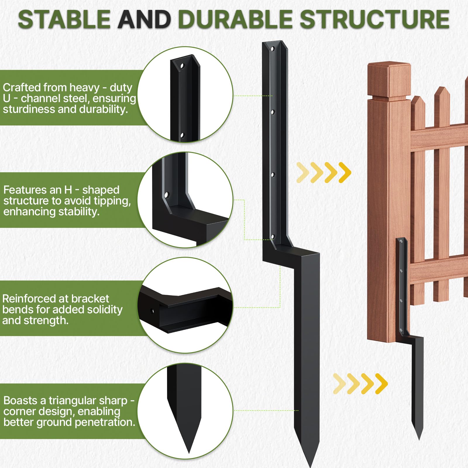 4 Pack Fence Post Repair Tools Kit, 33.5"L × 1.9"W Heavy Duty Metal Fence Stake Stabilizer, Thickened 11Gauge Fence Post Repair Kit for Repair of Broken/Tilted 4x4/6x6 Wooden Posts - 5