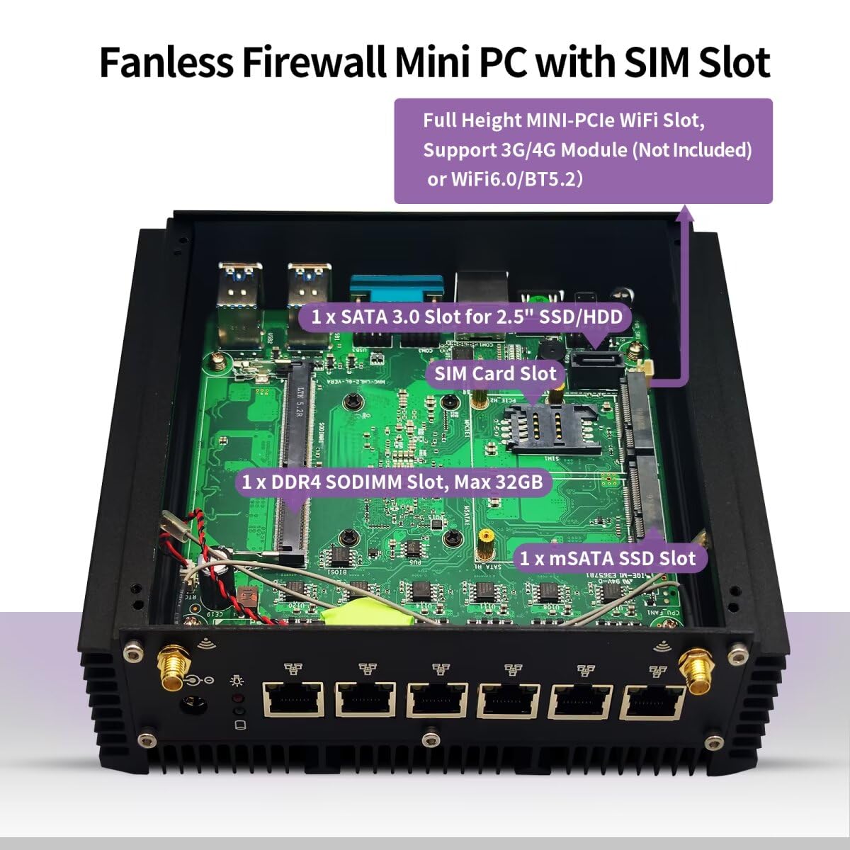 Fanless Industrial Firewall Mini PC Quad Core i5 10210U Micro Router Appliance, 6 x 2.5 GbE i225V LAN, Barebone, NO RAM NO Storage, Support Windows OPNsense, COM, WiFi6, BT5.2, SIM Slot