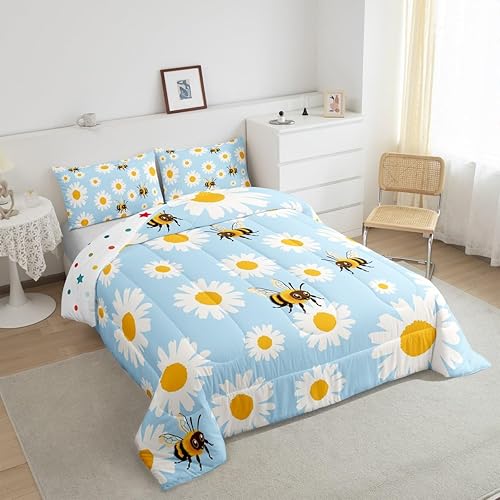 Miniatura 4 de Erosebridal Juego de edredón de abeja de dibujos animados, tamaño Queen, juego de ropa de cama floral de margarita blanca lisa para niños y niños,