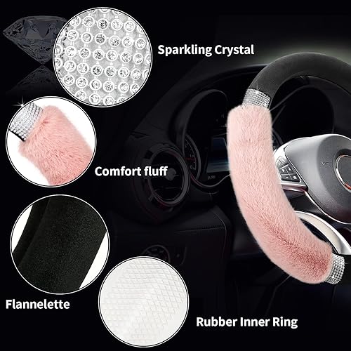 Miniatura 5 de Achiou - Funda de volante esponjosa con diamantes de imitación, cómoda lana sintética de lujo antideslizante, ajuste universal para volantes de 14.5