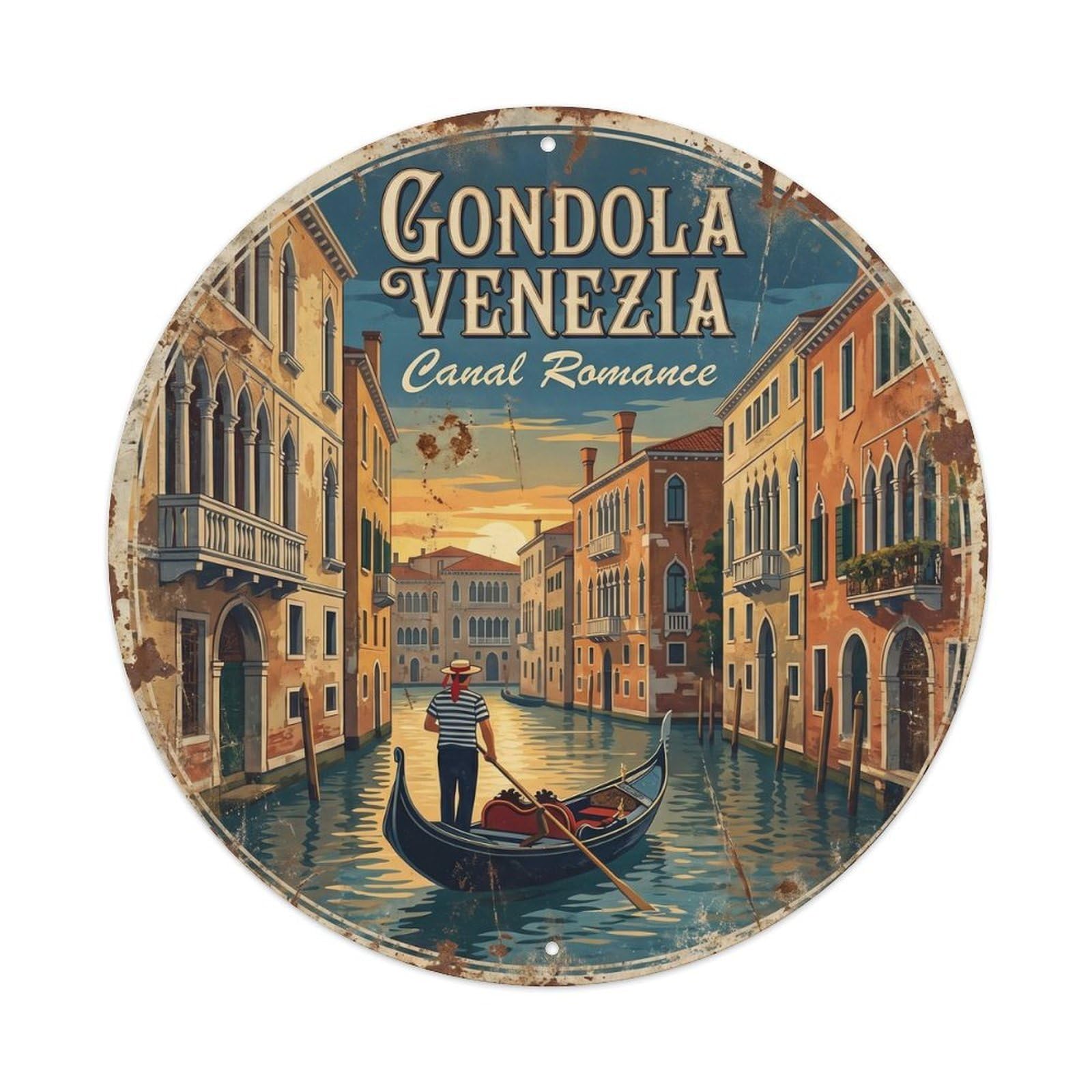 Vintage Travel Gondola Venice Canal 1 Metal Tin Sign Plaque Wall Decor for Cafe, Club, Garden Round Metal Poster 8x8Inch