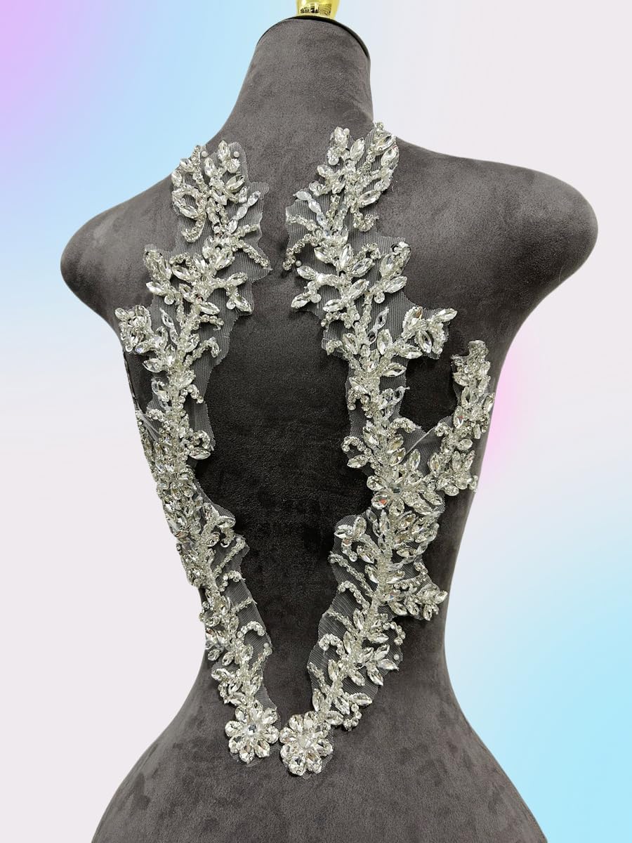 Handmade Beaded Crystal Patches with Rhinestone Applique Designs for Prom Formal Dress 1pair/Bag (Silver)