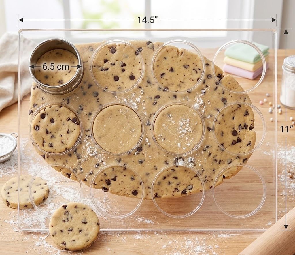Acrylic Template,Acrylic Cookie Mold Tray 1/4" Thick,12 Round Cutouts Template for Uniform Batch Baking,Clear Precision Cutting Guide for Cookies, Fondant & Cold Desserts (14.5''x11'')
