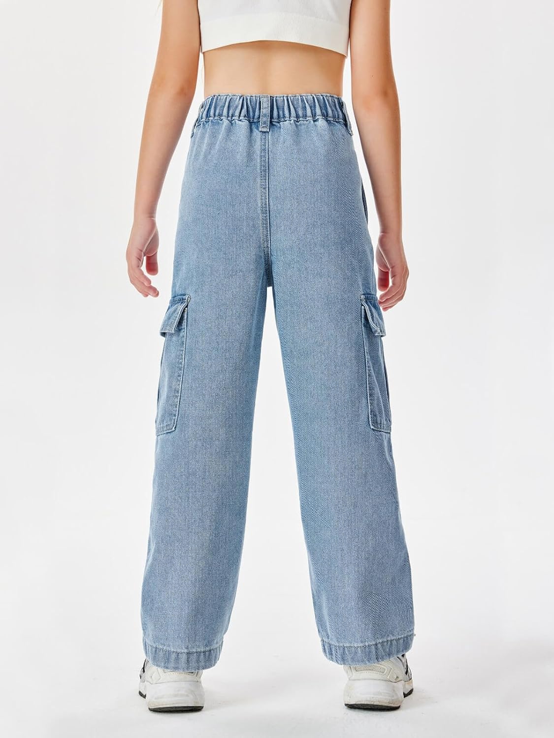 Haloumoning Girls Jeans Denim Elastic High Waisted Wide Leg Baggy Cargo Pants with Pockets 5-14 Years - Image 5