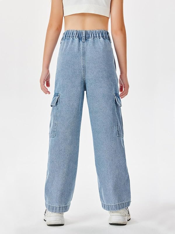 Haloumoning Girls Jeans Denim Elastic High Waisted Wide Leg Baggy Cargo Pants with Pockets 5-14 Years by Haloumoning - Image 5