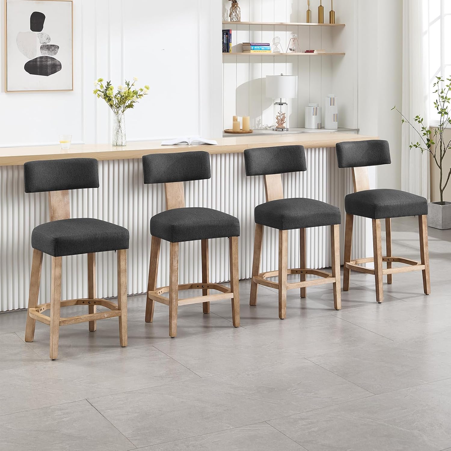 Wooden Counter Stools Set of 4, Mid Century Modern Barstools with Back and Solid Wood Legs, Farmhouse Upholstered Linen Kitchen Stools Countertop Bar Chairs, Dark Grey
