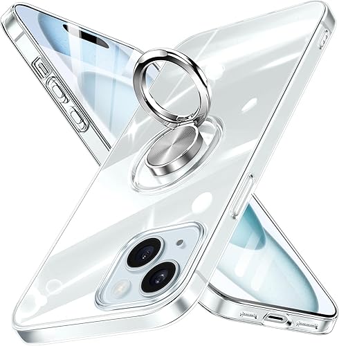 Funda transparente para iPhone 15 Plus con soporte de anillo de 360 con soporte de anillo de 360, transparente, delgada, ligera, antiamarillamiento,