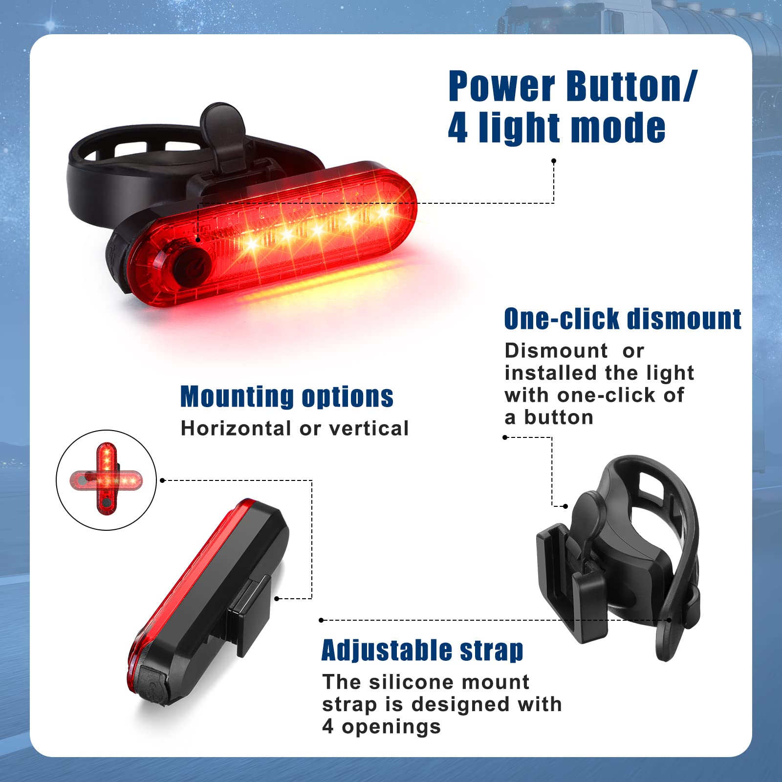 Jerify Lot de 20 feux arrière LED rechargeables par USB pour vélo - Étanche - 4 options de mode d'éclairage - Pour feux arrière de nuit, kayak de nuit, bateau
