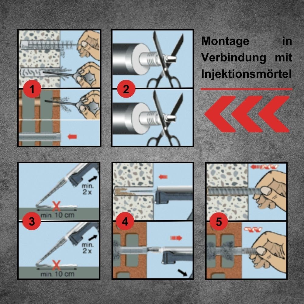 10x Ankerstangen - M16x190 mm Edelstahl A4 | inklusive Muttern und Scheiben Schwerlast-Anker Schwerlast-dübel Verbundanker Gewindestange