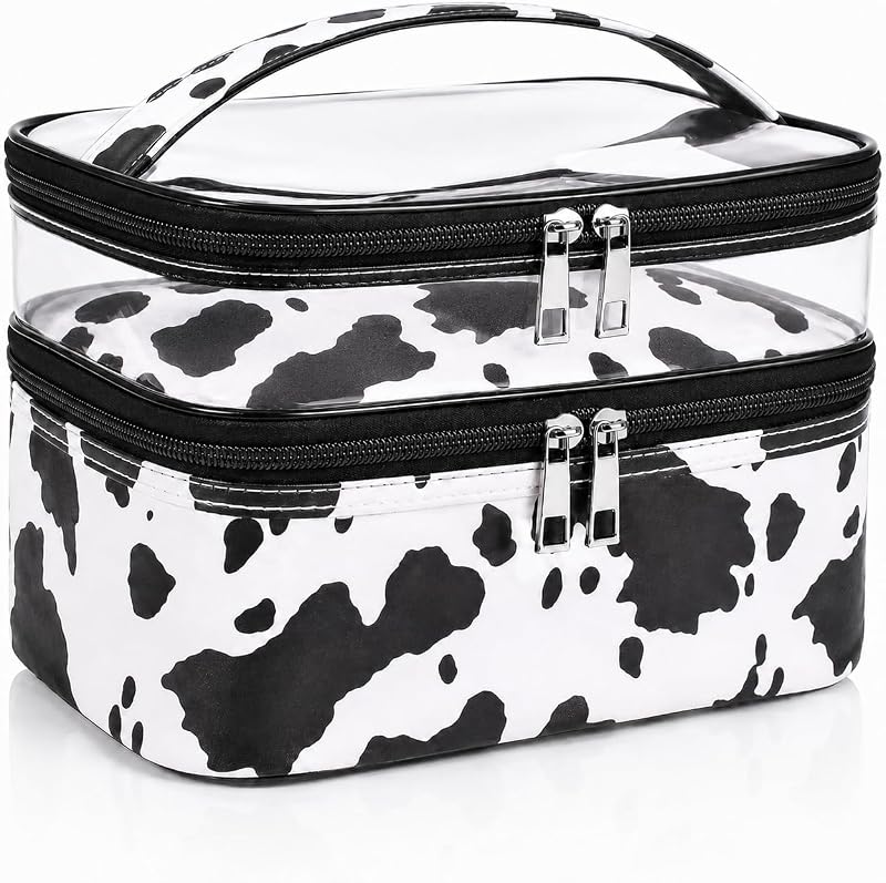 Necessaire de maquiagem de duas camadas imerelez com tampa transparente, estampa de vaca, dobrável e impermeável