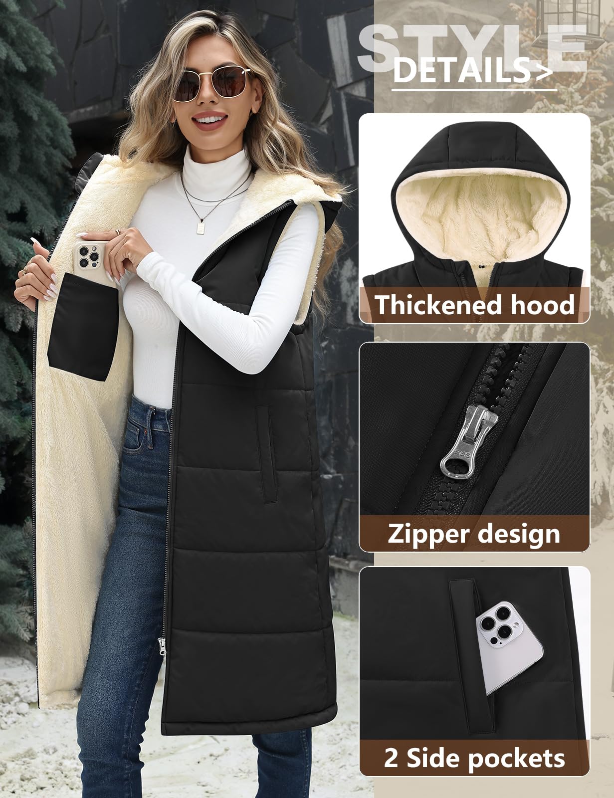 Vancavoo Chaleco Acolchado Mujer con Capucha Chaqueta sin Mangas Abrigo Plumas Largo Invierno Cálidos Chaleco de Forro Polar Outwear