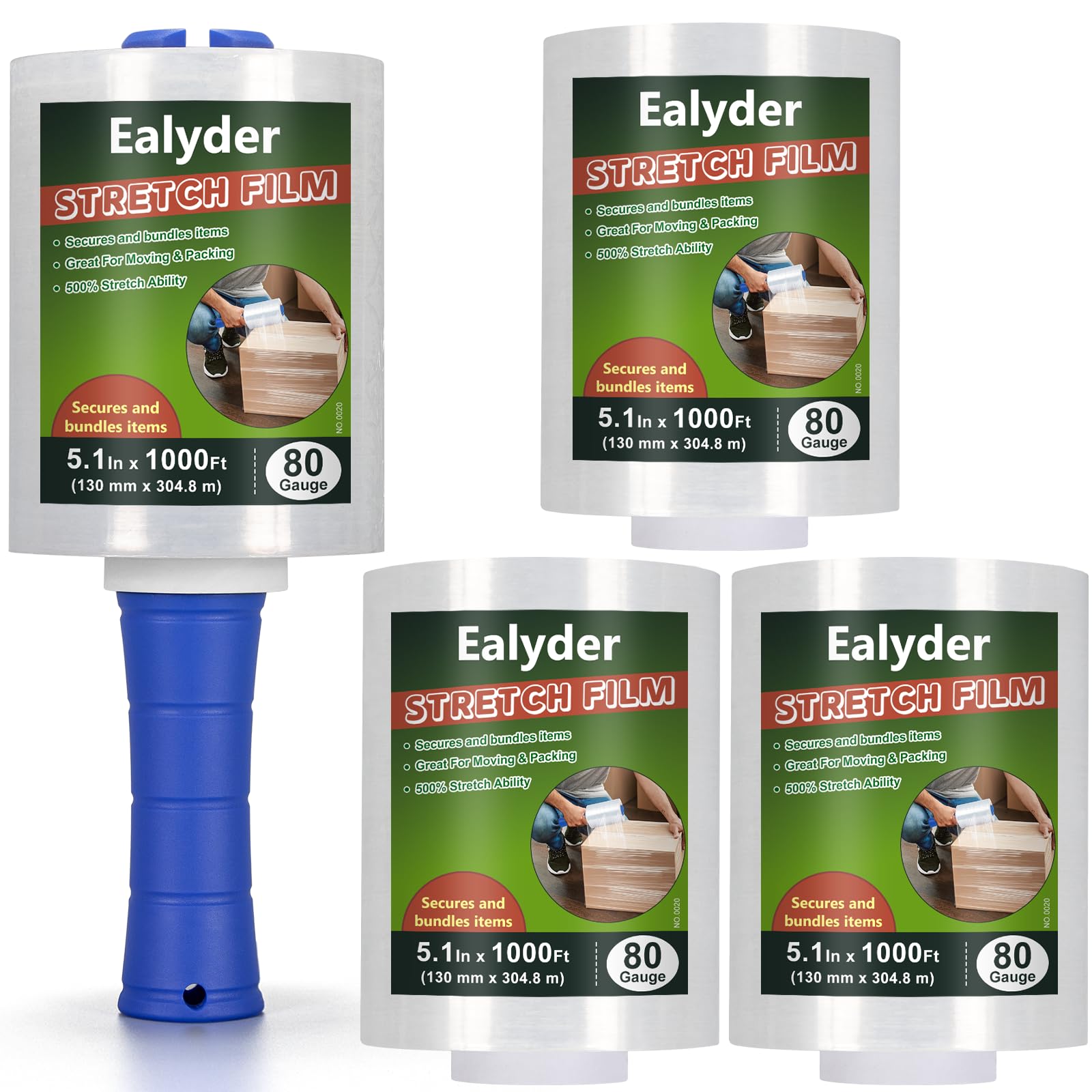 Ealyder Tape 4-Pack Industrial Mini Stretch Wrap Film 20mu 130 mm x 304 m, Self-Adhering Clear Hand Stretch Wrap with Plastic Handle for Packing, Shipping, Moving & Pallet Bundling