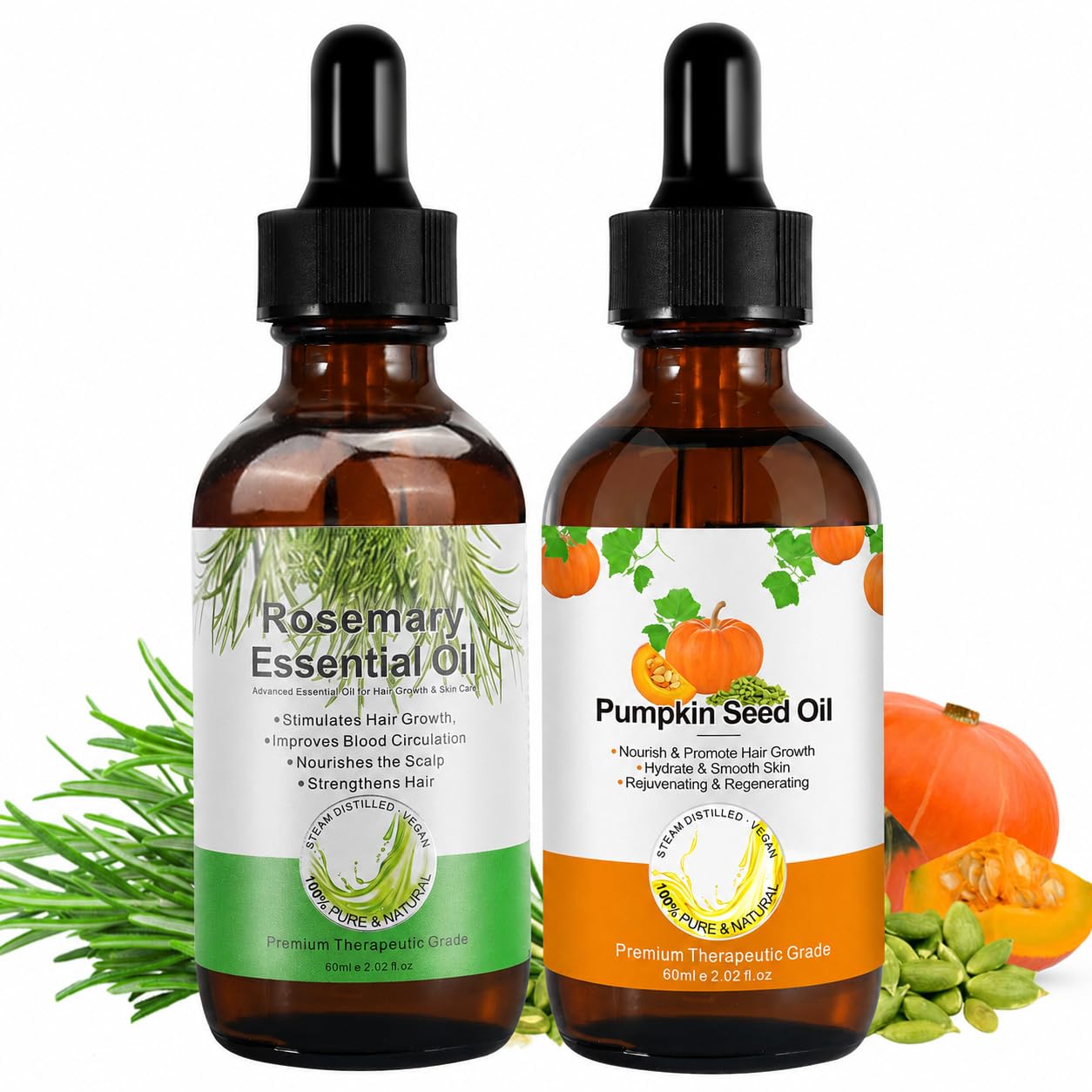 Pumpkin Seed Oil for Hair Growth, Moisturizing Dry Damaged Hair, Scalp, Face, Nails, Body, Skin Care Products,Pack with Rosemary Oil