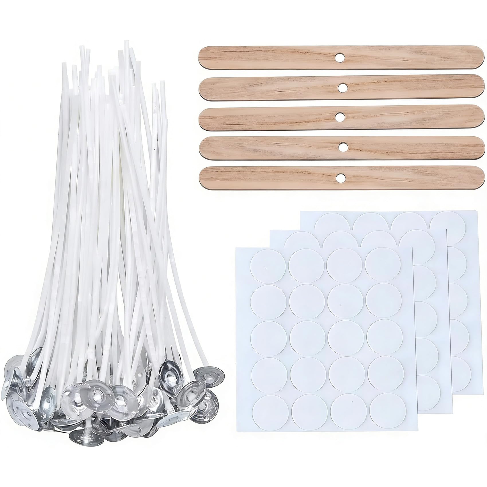 100 Pcs Candle Wicks for Making Candles, 20cm Long, Pre-Waxed Cotton with Metal Tabs, Includes 10 Wick Holders and 3 Sheets Dot Stickers, White