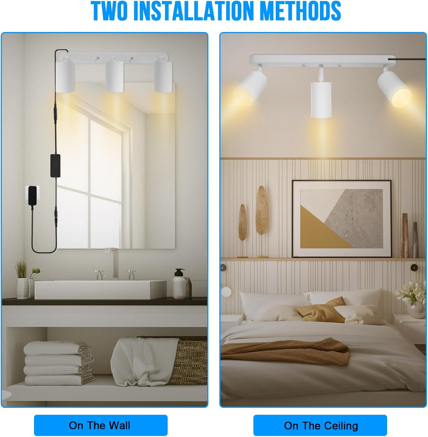 Plug in Track Lighting Track Light Fixtures with Power Cord Wall Spotlight Flexibly Rotatable Heads Plug in Ceiling Lights for Kitchen Cabinet Gallery Bar Living Room 15W 3000K(White, 3 Heads)