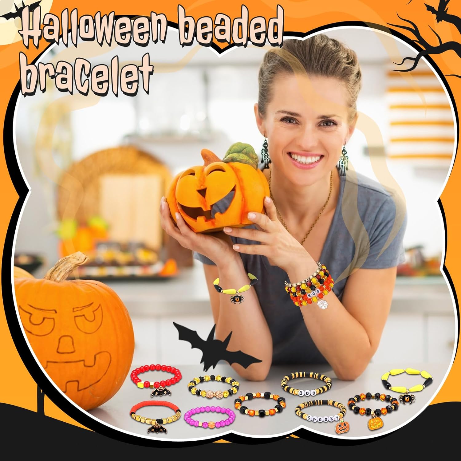 Huquary 60 Pcs Halloween Bracelets Bulk Beaded Stretch Bracelets with Pumpkin Spider Ghost Witch Web Charms Elastic Layering Halloween Jewelry Stackable Bracelet for Party Jewelry Gifts