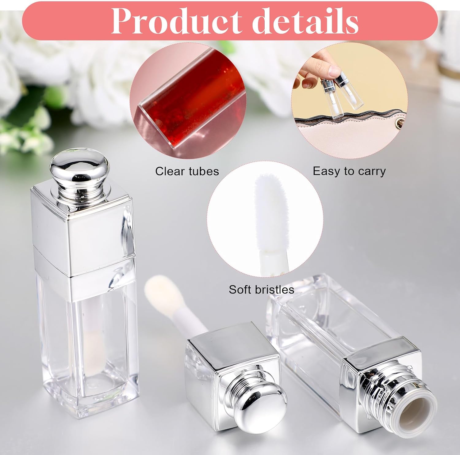 4 Pack 8ml Empty Lip Gloss Tubes Clear Refillable Lips Balm Bottles Clear Lip Gloss Tubes with Wand Mini Lipstick Containers Refillable Lips Balm Glosses Containers for DIY Makeup