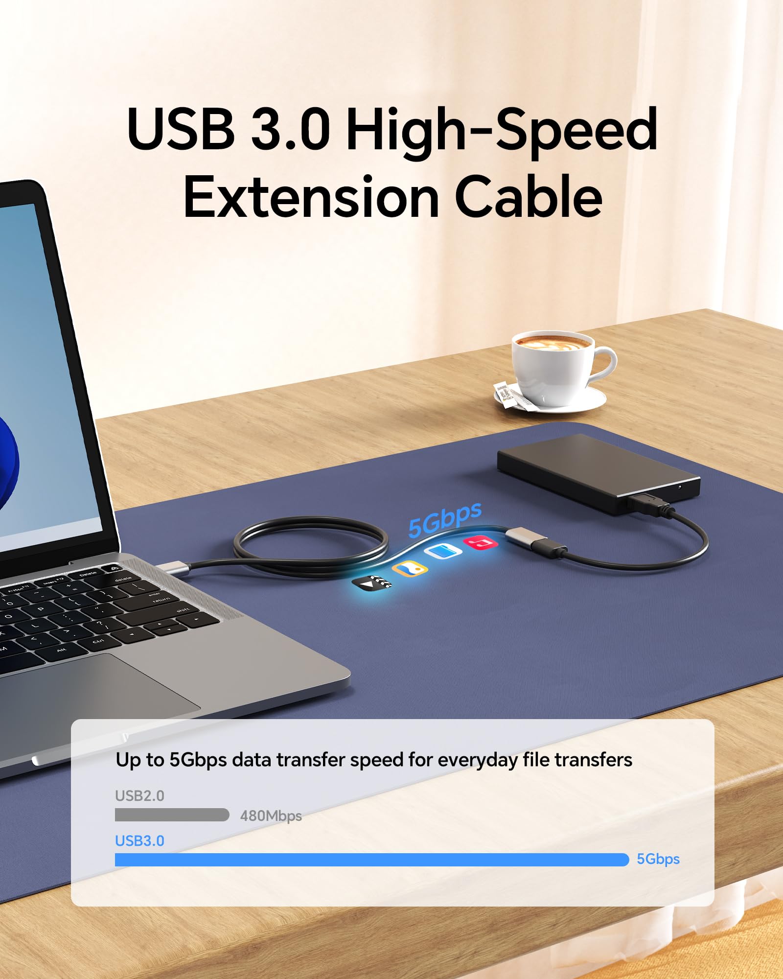 1.0 m USB Verlängerungskabel, USB 3.0 A Stecker auf Buchse Extender Kabel, 5Gbps High-Speed Datenübertragung, vergoldet & Anti-Interferenz Kompatibel mit Tastatur/Maus/Drucker/VR/Webcam