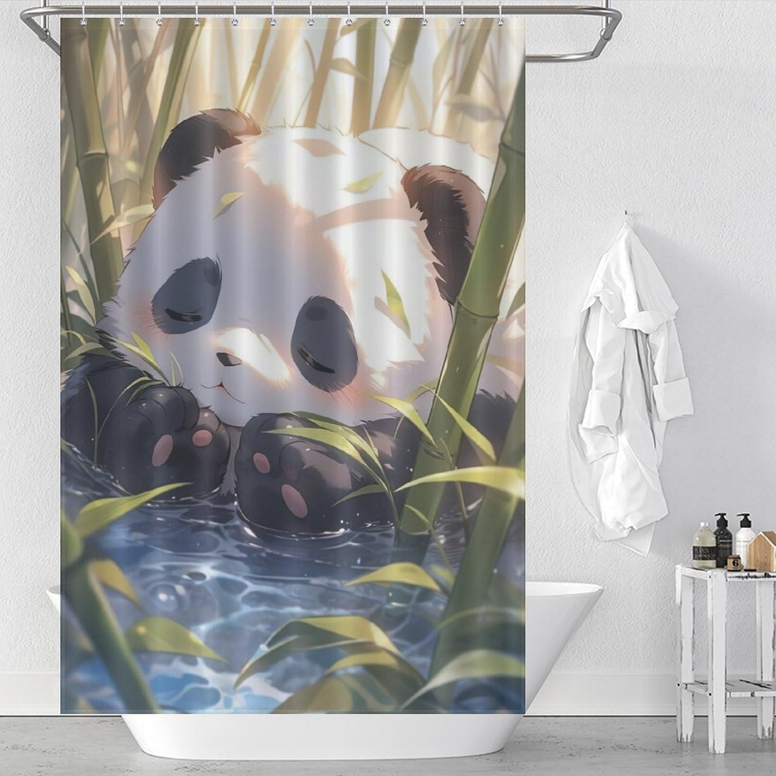 Rideau de douche panda en tissu polyester impermeable 122x183 cm pour la salle de bain