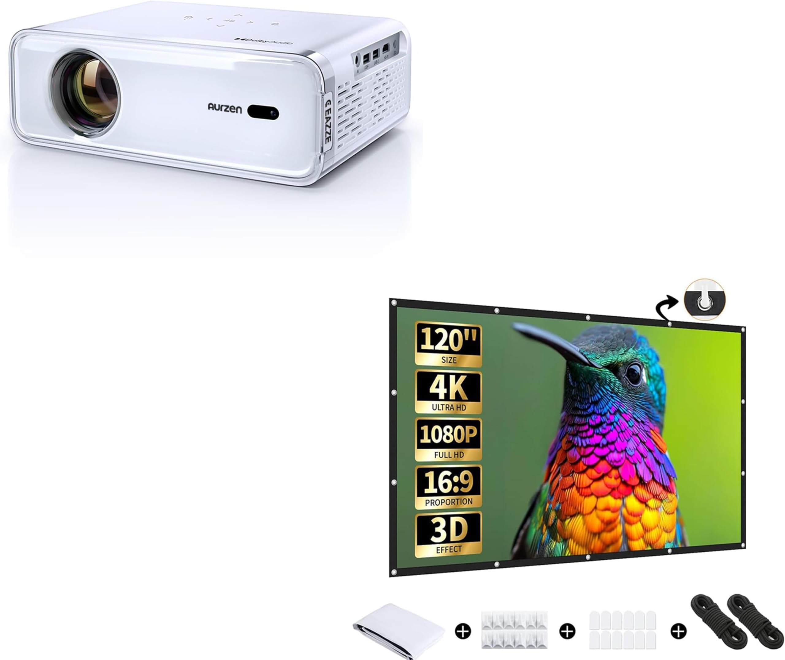 Aurzen Eazze D1 Smart Projector with 120" Portable Projector Screen, Netflix-Officially-Licensed, Auto Focus & Keystone, DoIby Audio, Zoom, Native 1080P Movie