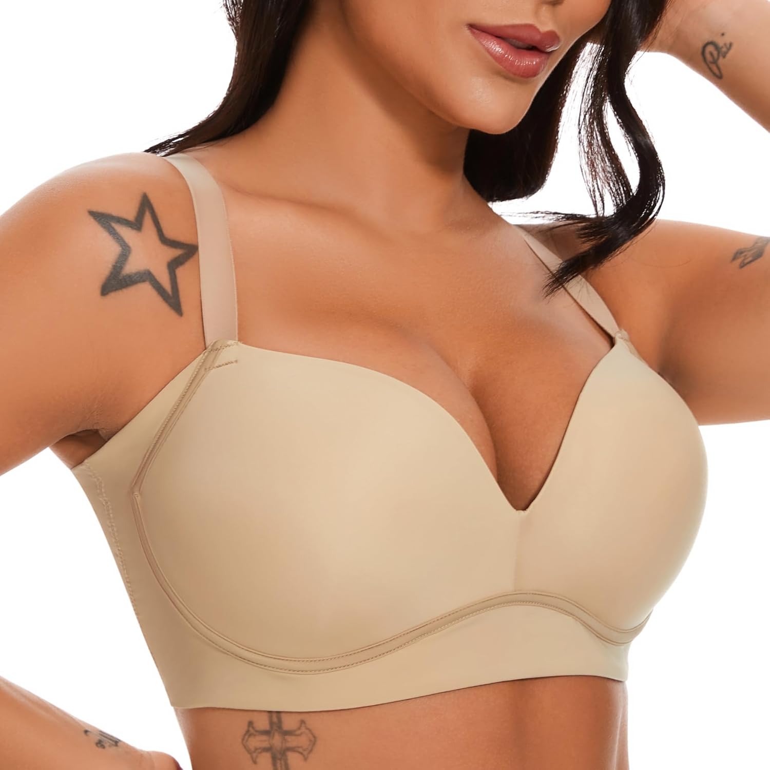 SEA BBOT Women Wireless Push Up Bra Side Smoothing T-Shirt Bra Add One Cup
