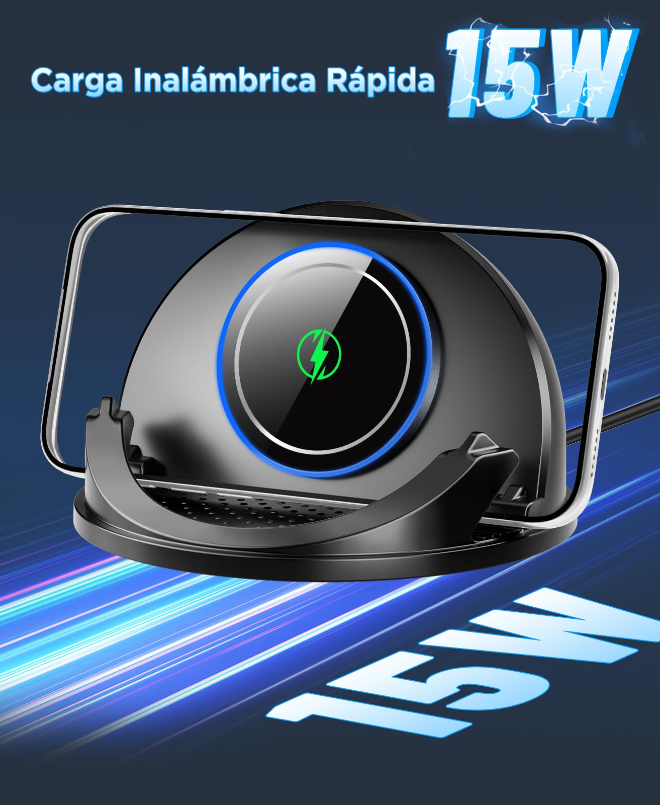 Beeasy Cargador Inalambrico Coche de Silicona, 15W Qi Rápido Estación de Carga Inductiva, [2025 Ventilador Integrado], Soporte Móvil Coche Salpicadero para iPhone Samsung Smartphone