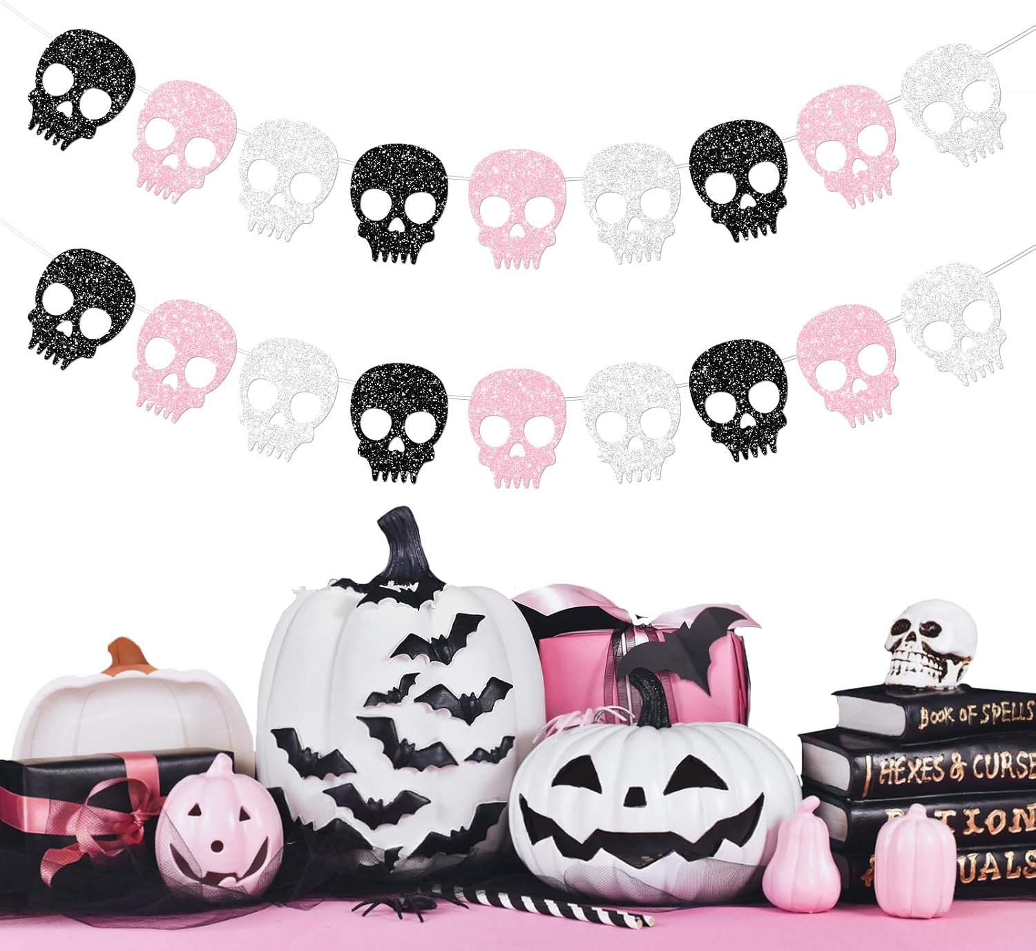 2PC Black/Silver/Pink Skull Garland for Halloween Party Decorations Glitter Skull Banner for Girl/Women Gothic Birthday Decorations Supplies - Image 6