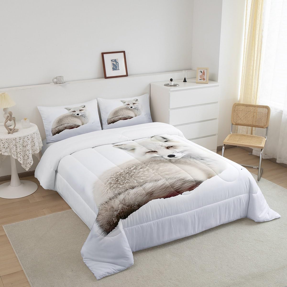 Feelyou Fox Comforter Set Arctic Fox Bedding Set for Kids Boys Girls Cute Animal Comforter Wildlife Quilt Set 1 Comforter Set with 2 Pillowcases Queen Size