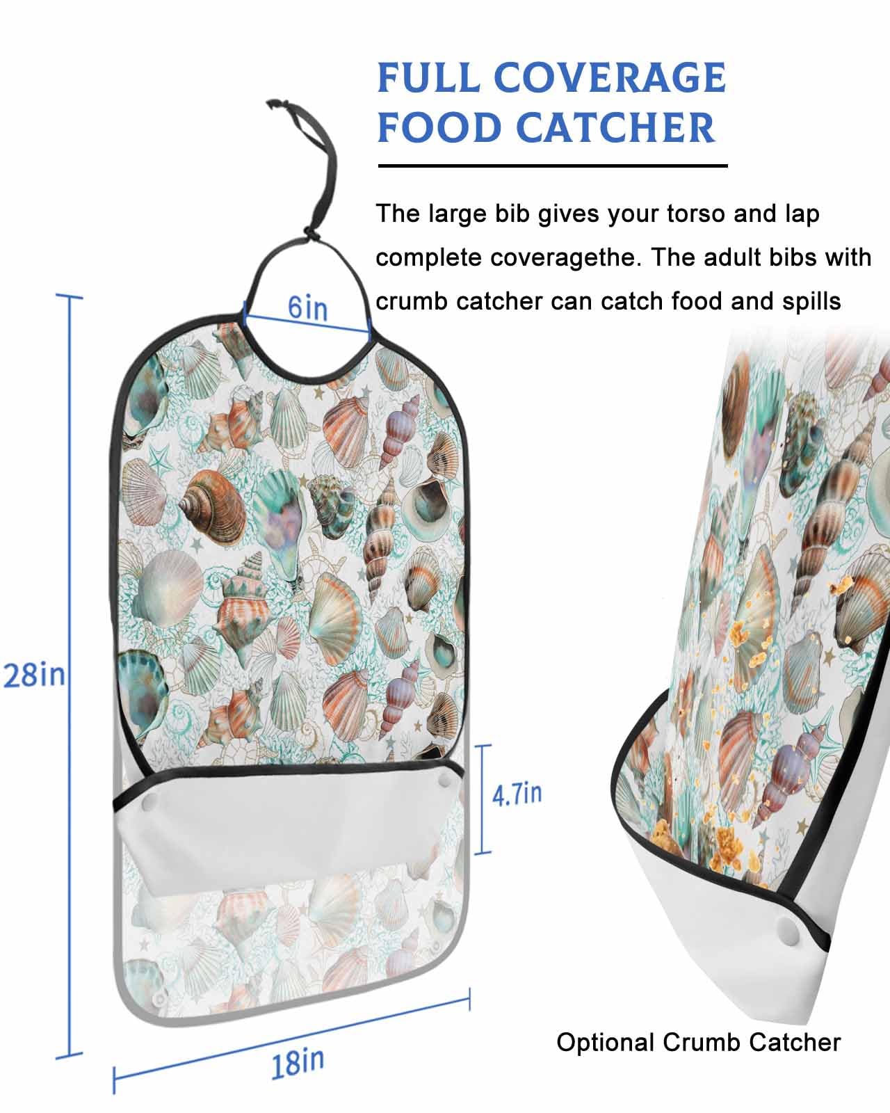 LEOKOTI Teal Coastal Adult Bibs for Eating, Waterproof Bibs with Food Catcher & Adjustable Snap Closure, Summer Beach Conch Shell Nautical Ocean Washable Clothing Protectors Adult Bibs for Elderly