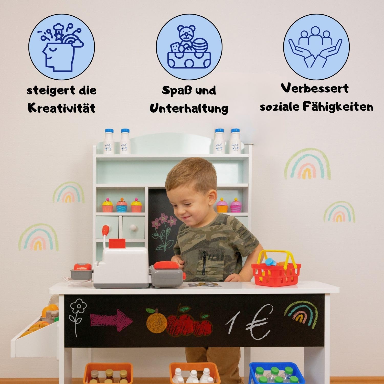 Nicola Magasin de Marchand en Bois pour Enfants - Comptoir de Vente, Tableau, comptoir latéral et tiroir - Vert